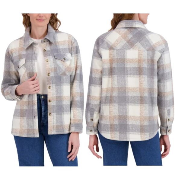 NWT SAGE Women's Plaid Plush Fleece Shirt Jacket, Gray (Gray and Brown) - Picture 1 of 9